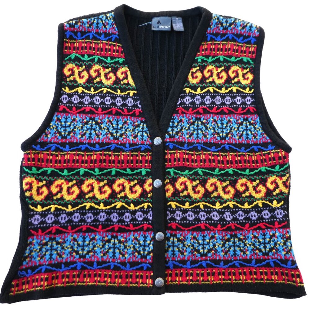 Vintage 80s Lizwear Sweater Vest Embroidered Knit Novelty Silver Buttons Hippie - Picture 6 of 9